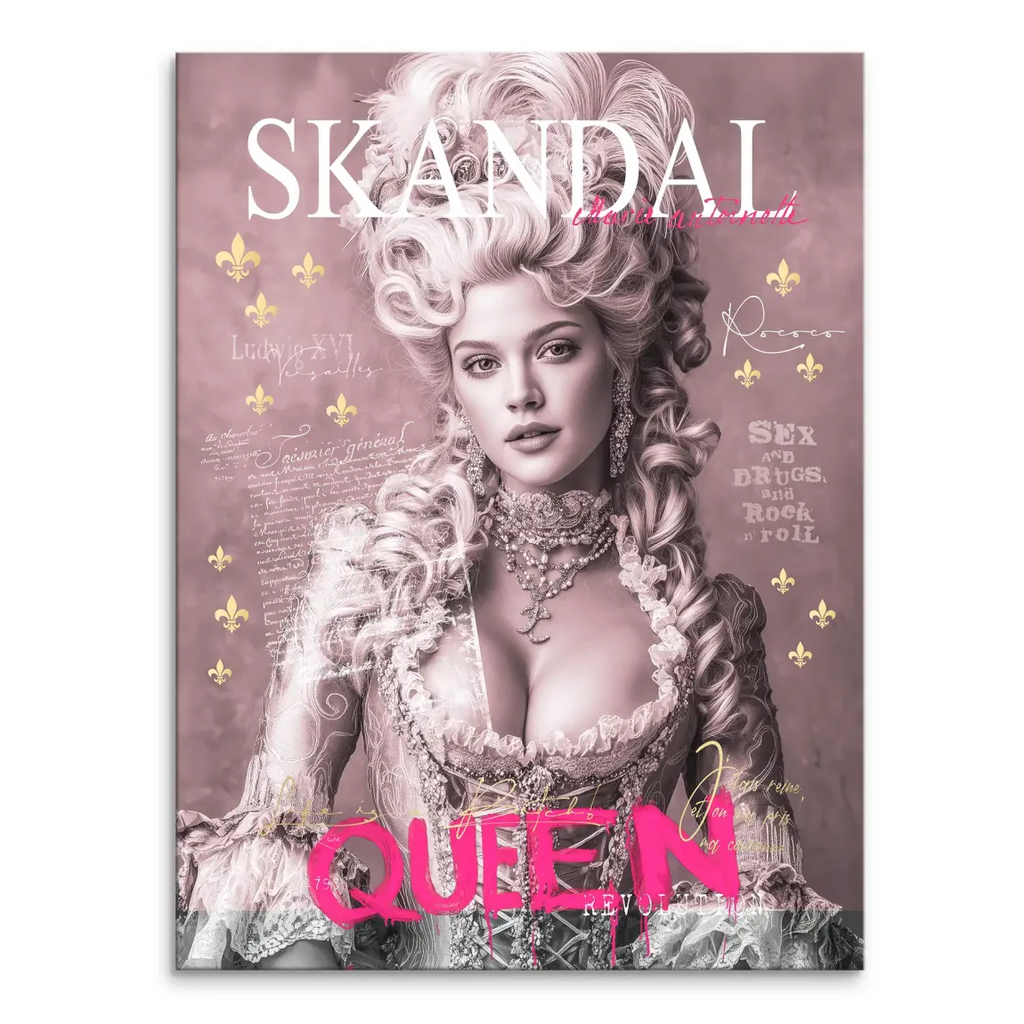 Portrait-oriented canvas wall art featuring a Marie Antoinette-inspired queen in a Rococo gown on a pink background with elegant script and bold white SKANDAL typography, plus neon pink QUEEN and REVOLUTION.