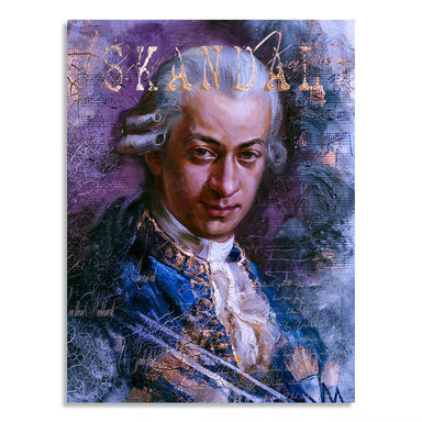 Re-imagined Mozart portrait with urban street art elements and gold accents