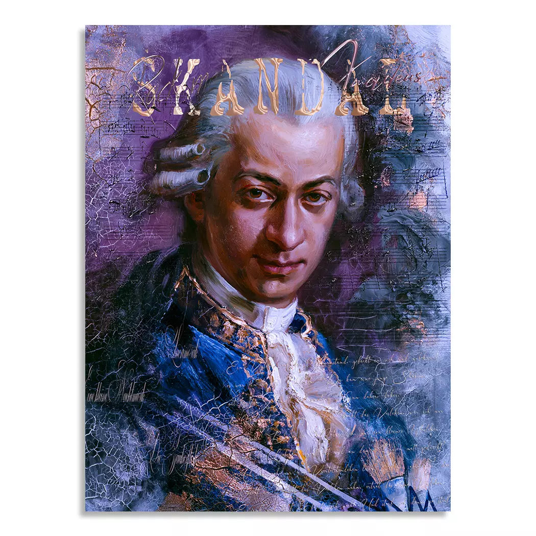 Re-imagined Mozart portrait with urban street art elements and gold accents