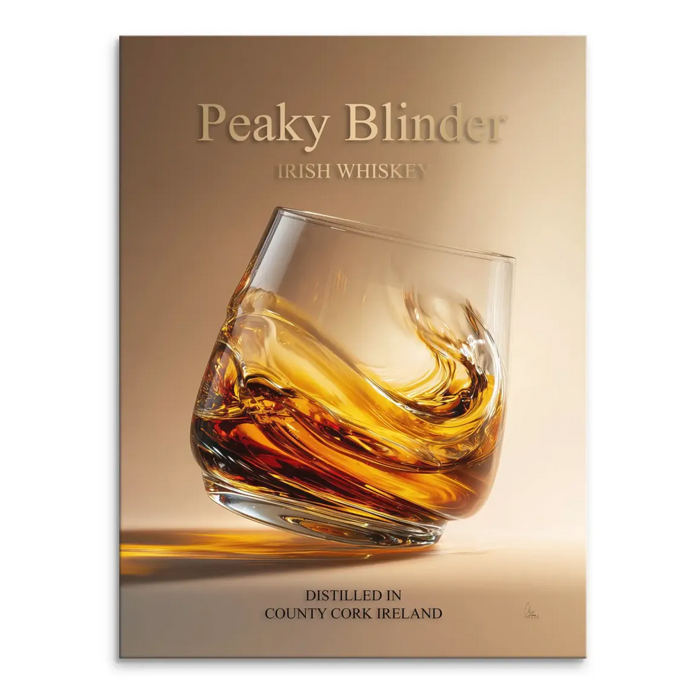 Portrait orientation canvas wall art showing whiskey swirling in a glass with amber liquid against a warm beige background