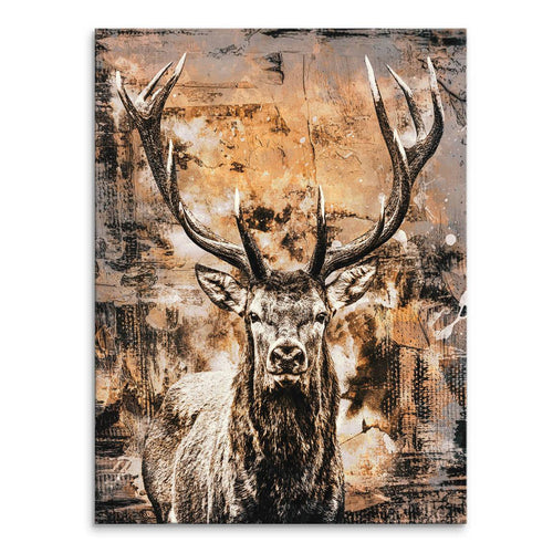 Majestic stag with large antlers set against a warm ochre and rust abstract background on canvas wall art.