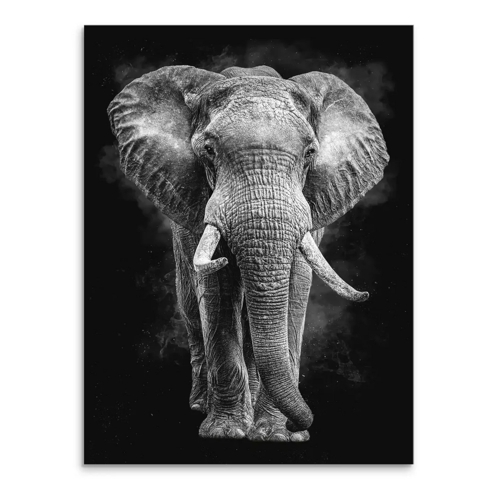 Black and white portrait of an African elephant on canvas with a smoky background