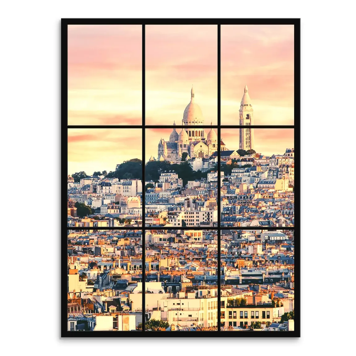 Dawn-lit Montmartre view through a window grid featuring the Sacré-Cœur Basilica and Paris rooftops.