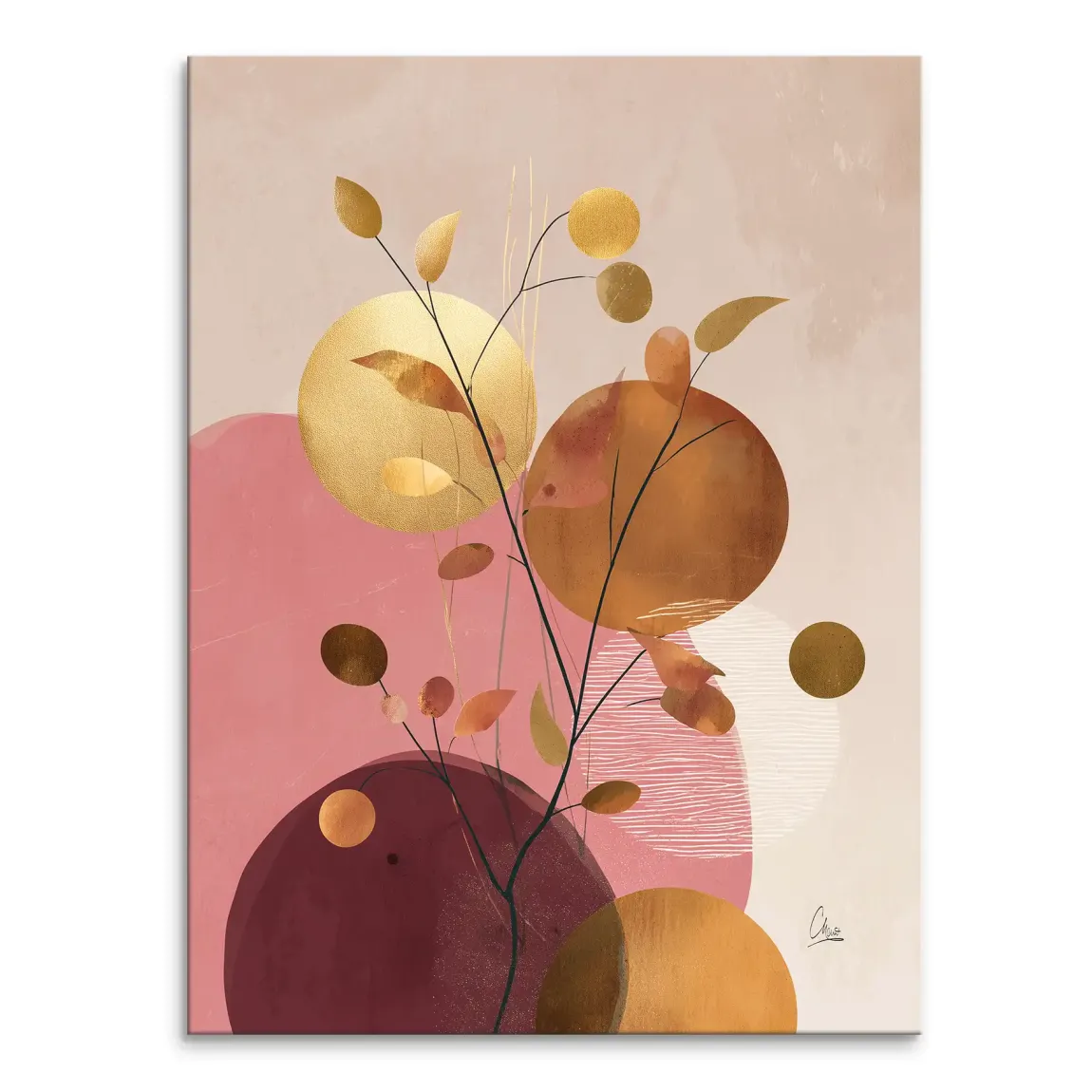 Slender dark branch with golden, bronze, and terracotta leaves rising among overlapping circles on a muted beige background.