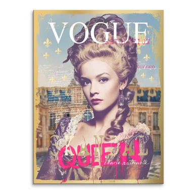 Portrait-style canvas wall art featuring a Marie Antoinette-inspired woman against a Versailles backdrop with Rococo elegance and Pop Graffiti elements.