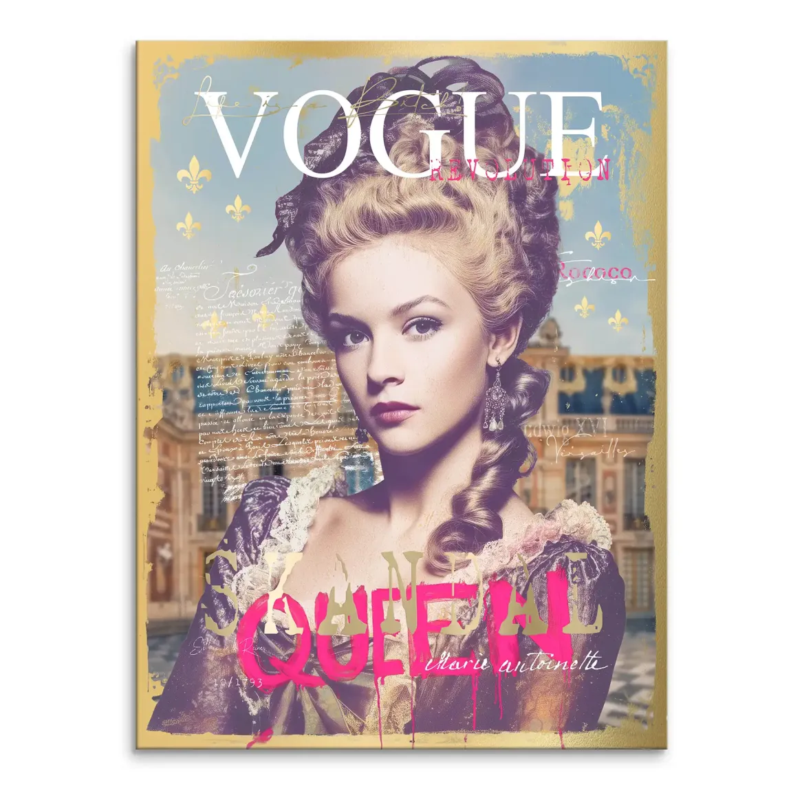 Portrait-style canvas wall art featuring a Marie Antoinette-inspired woman against a Versailles backdrop with Rococo elegance and Pop Graffiti elements.