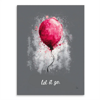 Portrait canvas print of a vibrant red balloon with watercolor-splatter textures on a dark grey background, featuring the let it go text at the bottom.