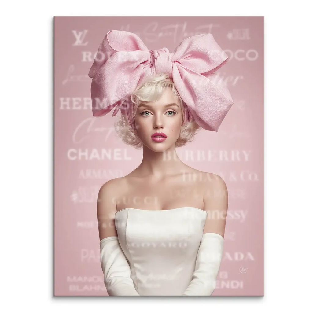 Stylized Marilyn Monroe pop art canvas wall art with an oversized pink bow and white strapless dress on a soft pink background.