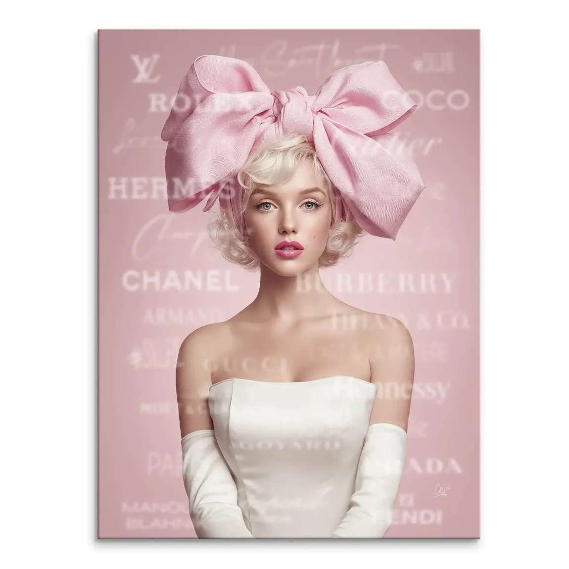 Stylized Marilyn Monroe pop art canvas wall art with an oversized pink bow and white strapless dress on a soft pink background.