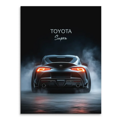 Portrait canvas print of a dark Toyota Supra seen from the rear with orange taillights and blue-grey smoke