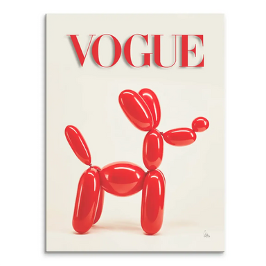 Portrait orientation canvas featuring a glossy red balloon dog and Vogue masthead on a creamy off-white background