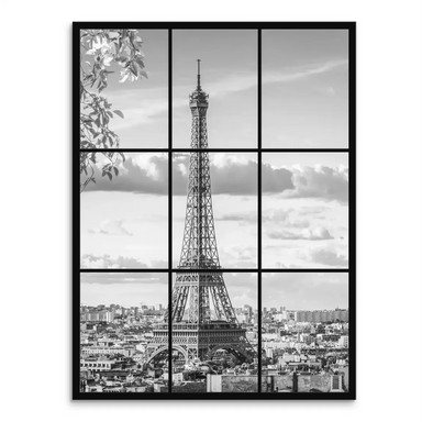 Monochrome Paris skyline canvas print featuring the Eiffel Tower framed by a nine-panel grid