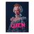 Regal woman with crown and pearl necklace in a dark moody background with neon pink graffiti and the word QUEEN across her gown