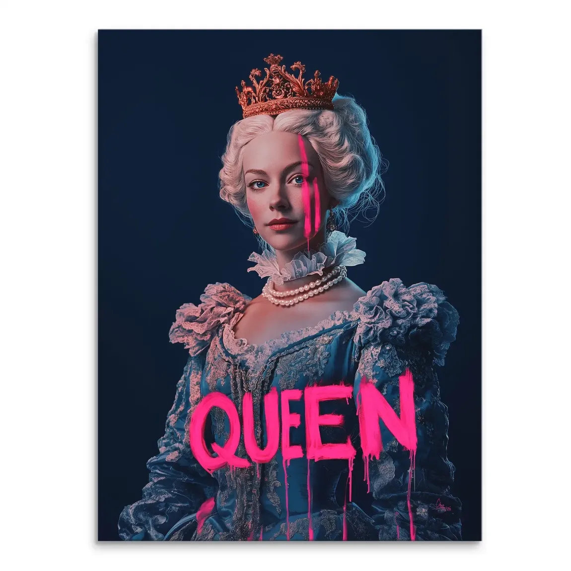 Regal woman with crown and pearl necklace in a dark moody background with neon pink graffiti and the word QUEEN across her gown