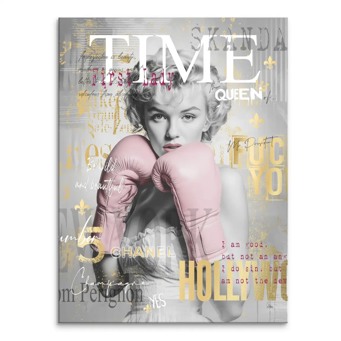 Marilyn Monroe pop art canvas print with pink boxing gloves and gold accents