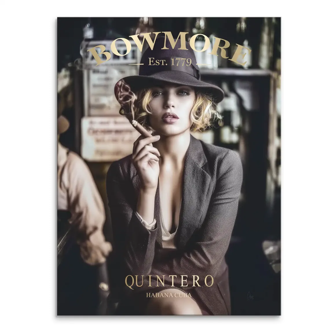 Photorealistic Whisky Noir canvas art featuring a glamorous woman wearing a fedora and blazer, smoking a cigar with a confident gaze, gold lettering