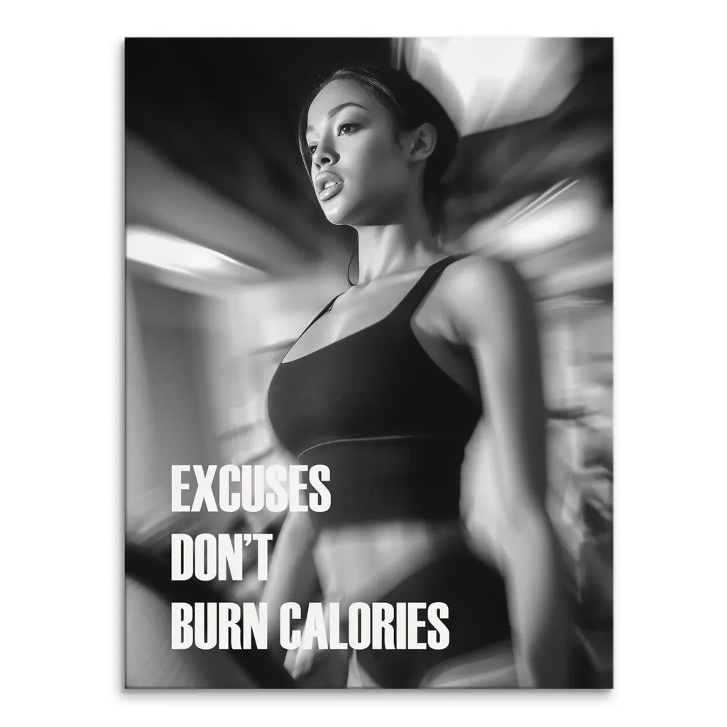 Black and white fitness wall art featuring a determined woman in athletic wear