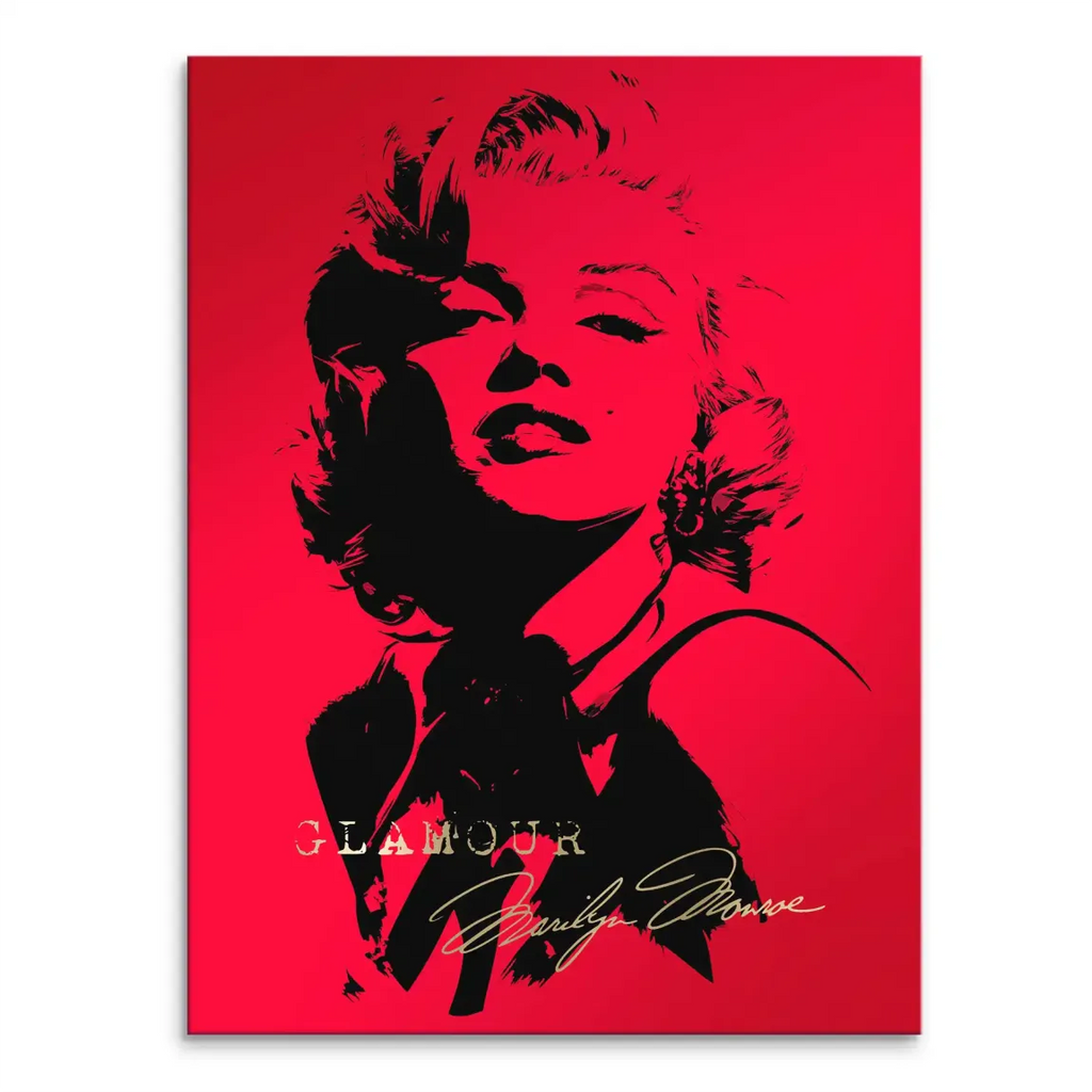Marilyn Monroe pop art portrait on bold red background with black features and gold GLAMOUR lettering.