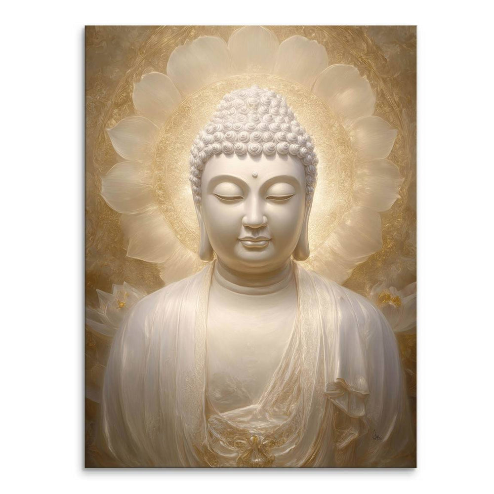 Serene white Buddha statue with closed eyes against a radiant gold backdrop