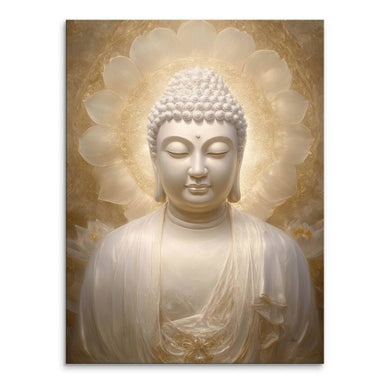Serene white Buddha statue with closed eyes against a radiant gold backdrop