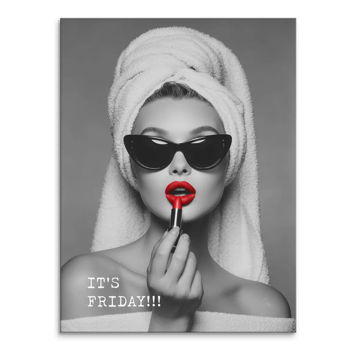 Glamorous woman applying red lipstick with selective color on a grayscale background
