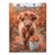 Fluffy Highland calf with a colorful flower crown in an autumn forest scene.