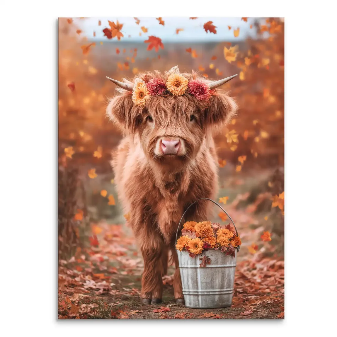 Fluffy Highland calf with a colorful flower crown in an autumn forest scene.
