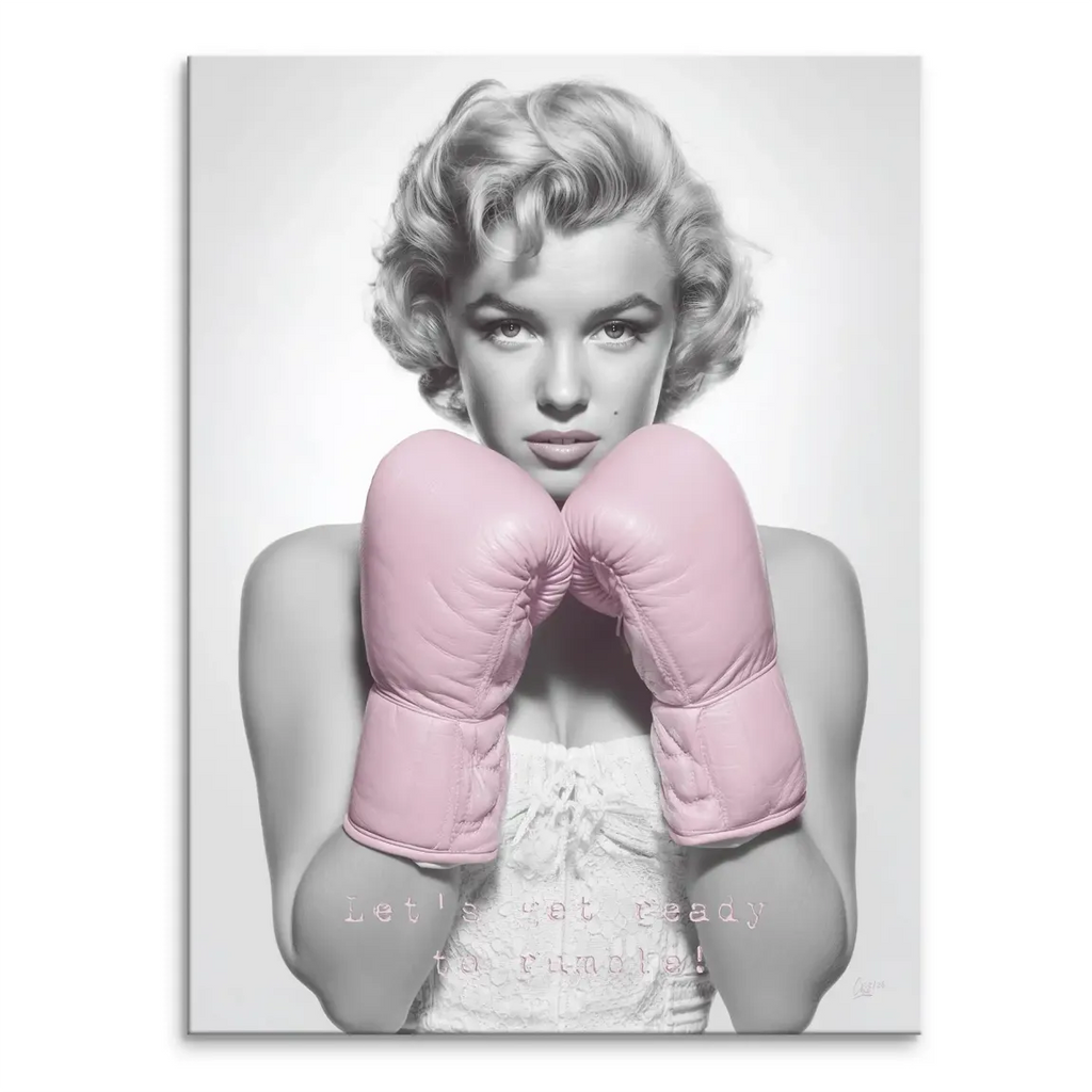 Black-and-white Marilyn Monroe canvas wall art with pink boxing gloves, bold Pop Art style.