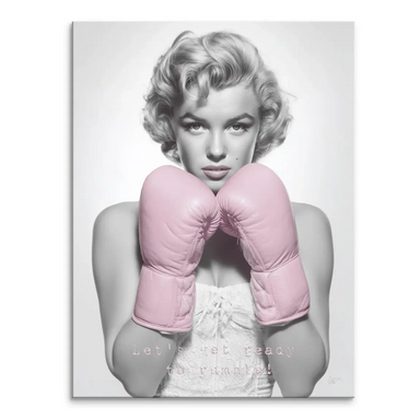 Black-and-white Marilyn Monroe canvas wall art with pink boxing gloves, bold Pop Art style.
