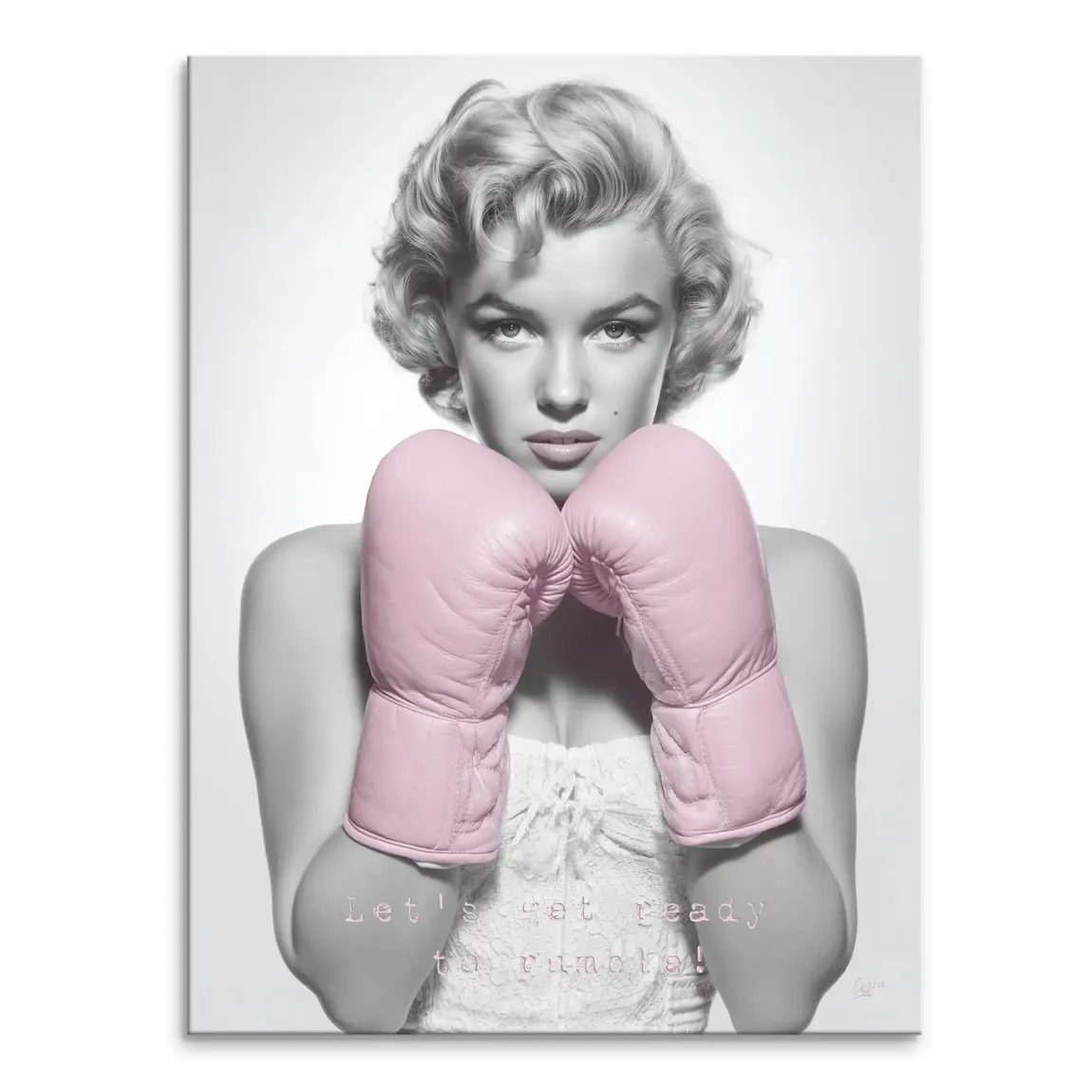 Black-and-white Marilyn Monroe canvas wall art with pink boxing gloves, bold Pop Art style.