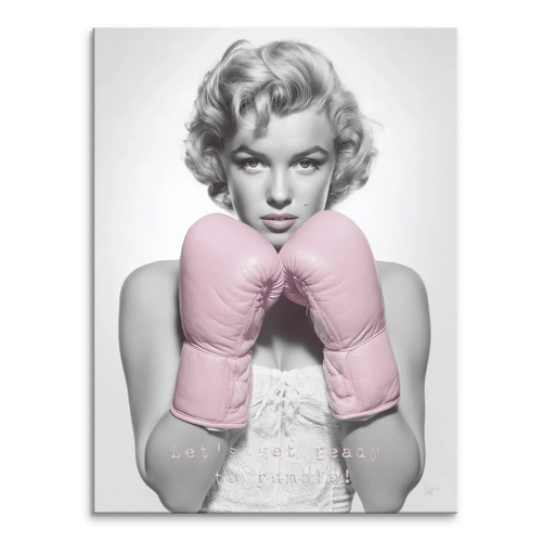 Black-and-white Marilyn Monroe canvas wall art with pink boxing gloves, bold Pop Art style.