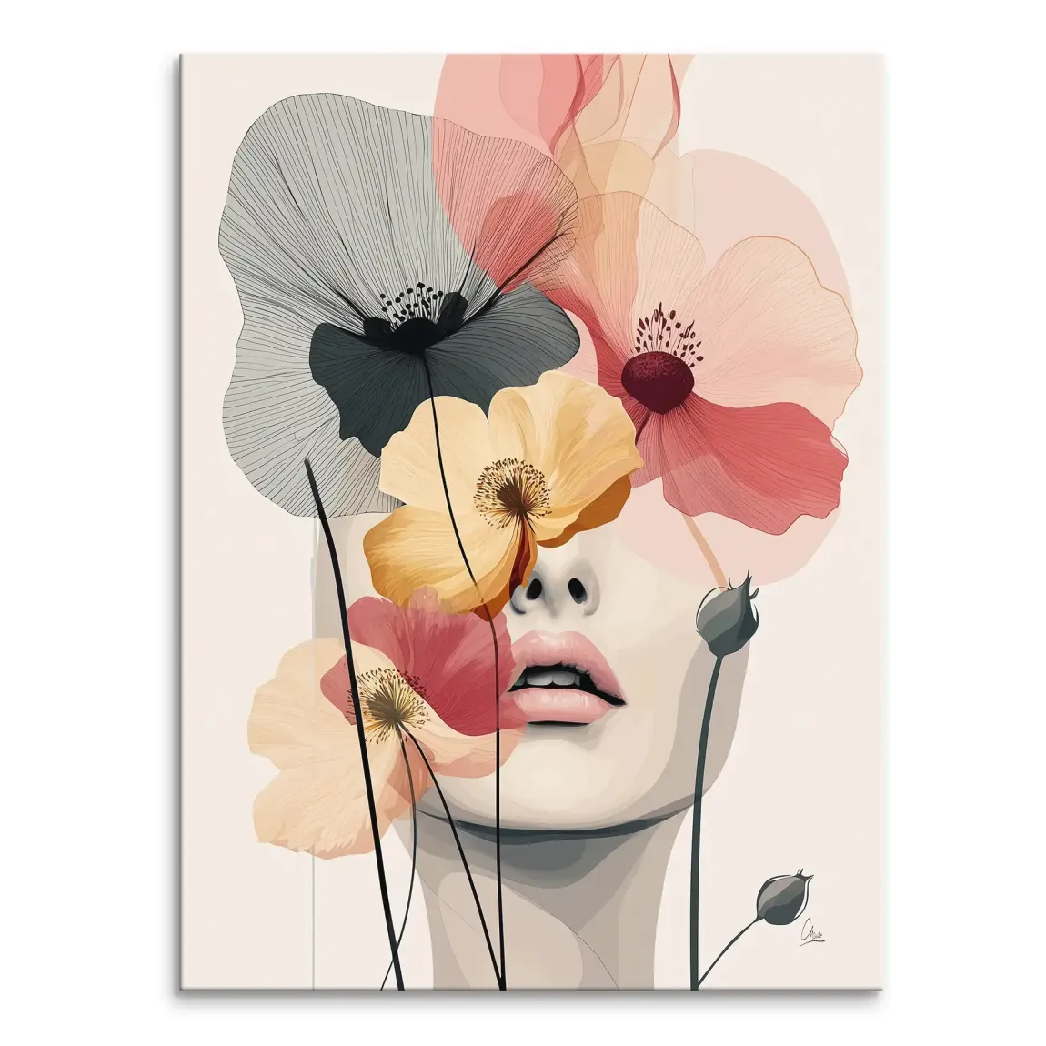 Close-up of a feminine portrait blended with translucent pastel flowers on a creamy canvas.