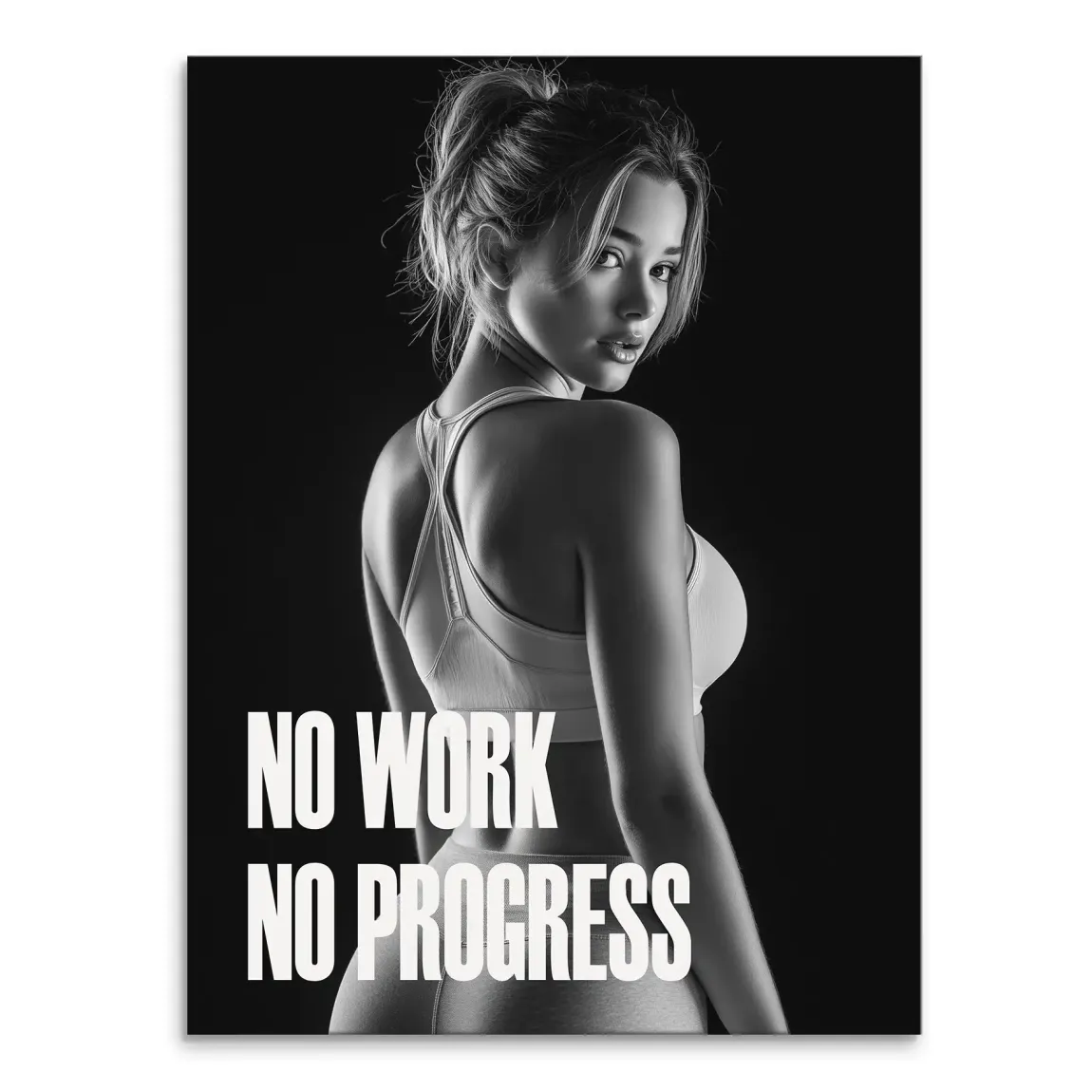 Black-and-white canvas wall art of a fit woman from behind with the NO WORK NO PROGRESS slogan.
