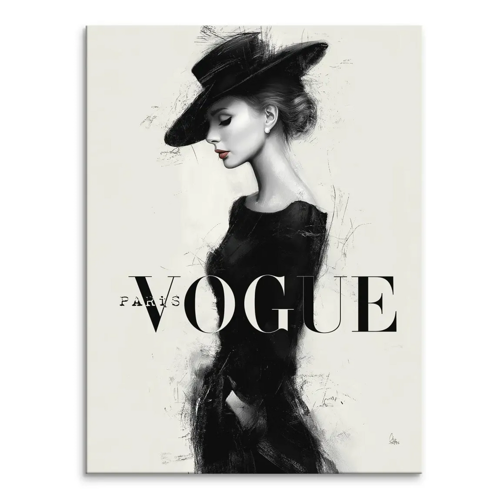 Parisian Lady canvas art featuring a stylish woman in a black dress and wide-brim hat in a monochrome palette with red lipstick