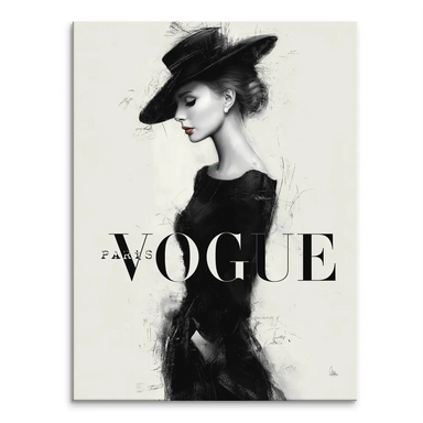 Parisian Lady canvas art featuring a stylish woman in a black dress and wide-brim hat in a monochrome palette with red lipstick