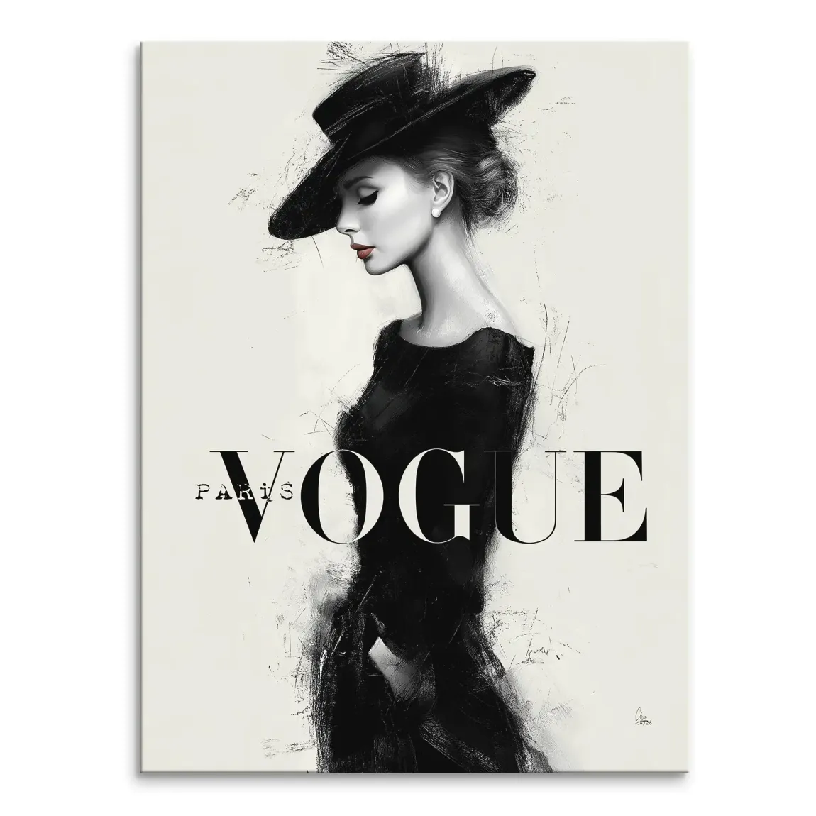 Parisian Lady canvas art featuring a stylish woman in a black dress and wide-brim hat in a monochrome palette with red lipstick