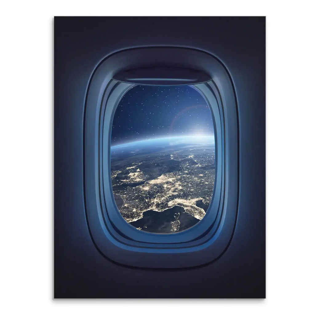 Earth viewed from space through an airplane window with glowing city lights