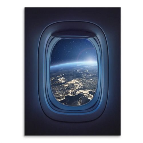 Earth viewed from space through an airplane window with glowing city lights