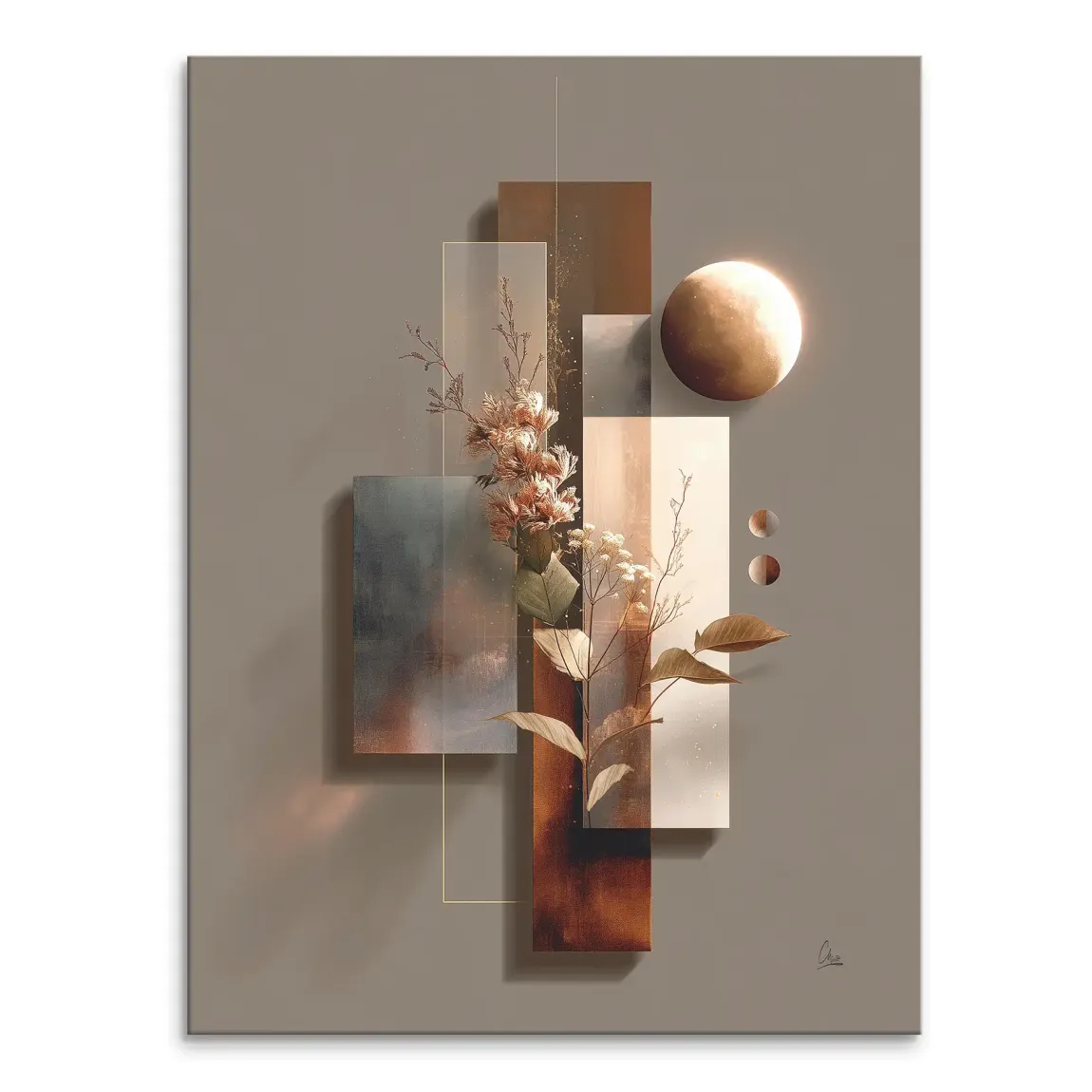 Portrait-oriented Celestial Bloom Harmony canvas wall art featuring warm geometric rectangles interwoven with peach blooms and a glowing golden orb.