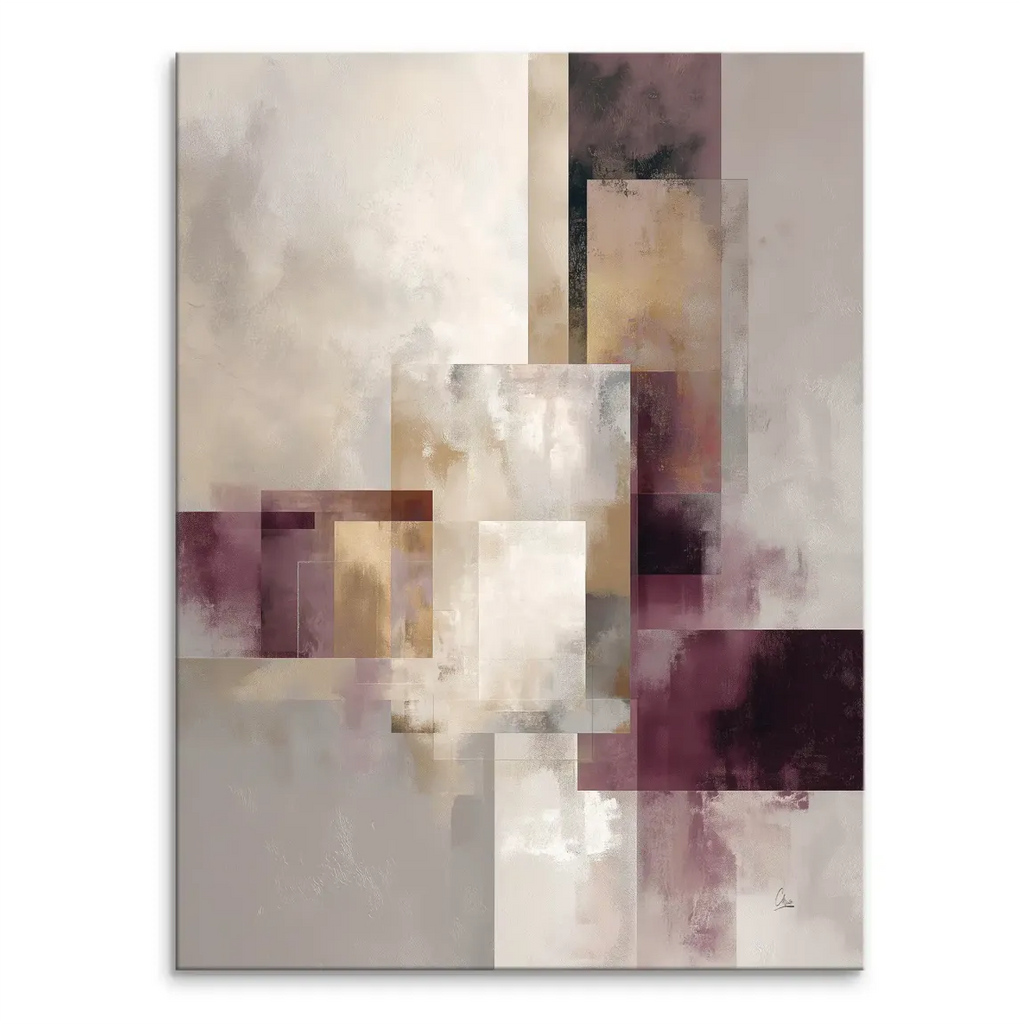 Abstract geometry canvas print with overlapping rectangular shapes in warm beige, cream, and taupe with plum accents