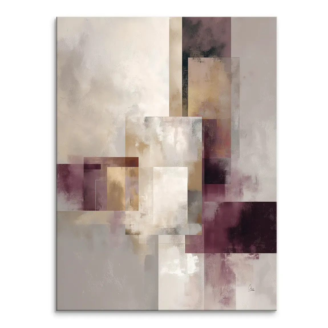 Abstract geometry canvas print with overlapping rectangular shapes in warm beige, cream, and taupe with plum accents
