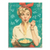 Portrait of a Marilyn Monroe style woman with a polka dot headscarf puckering lips while eating pasta from a teal bowl on a distressed teal background
