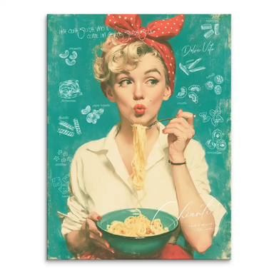 Portrait of a Marilyn Monroe style woman with a polka dot headscarf puckering lips while eating pasta from a teal bowl on a distressed teal background