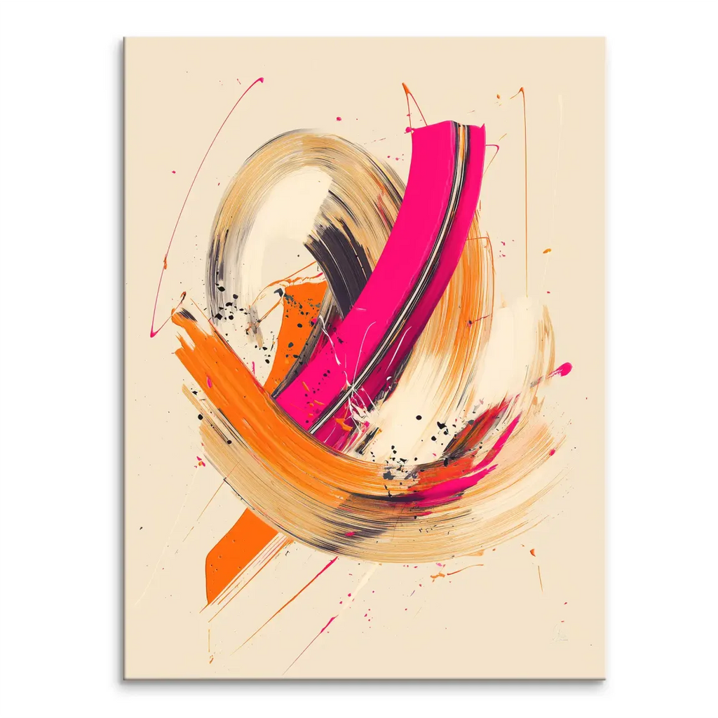 Dynamic Color Abstract canvas art with hot pink and orange strokes on beige background, black and metallic accents, portrait orientation.