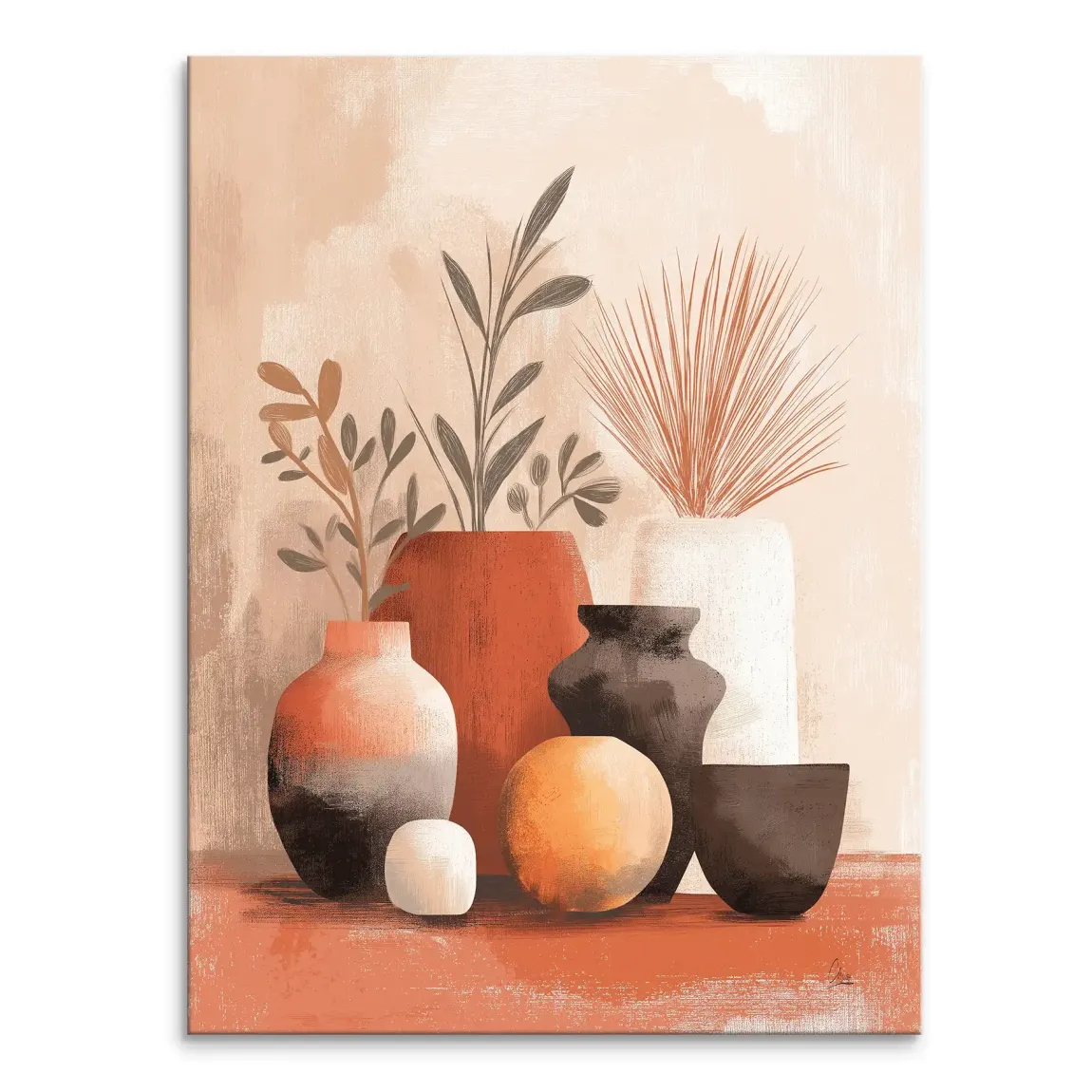 Terracotta Grace canvas wall art featuring an arrangement of ceramic pots and vases in warm terracotta and burnt orange tones on a neutral surface.
