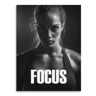 Black and white portrait of a focused female athlete with bold FOCUS text for wall art