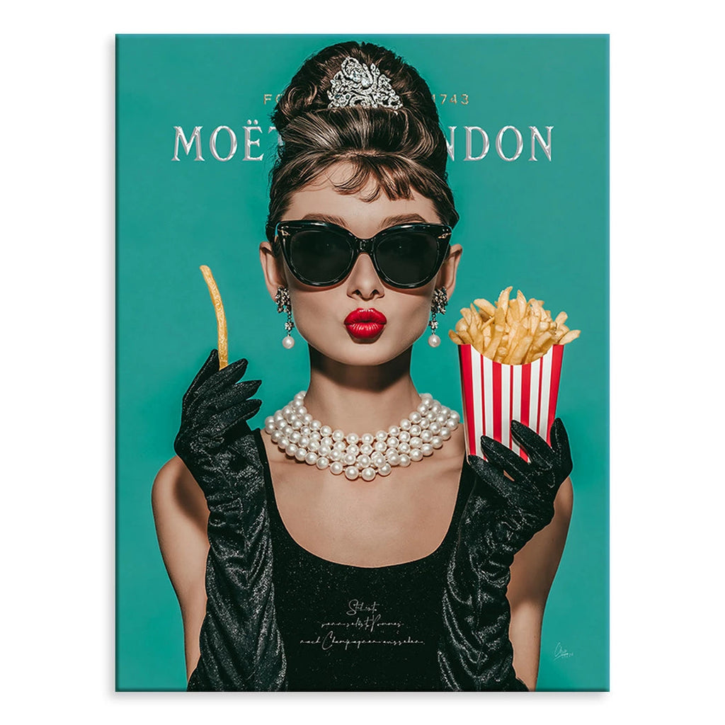 Audrey Hepburn-inspired portrait on canvas with french fries