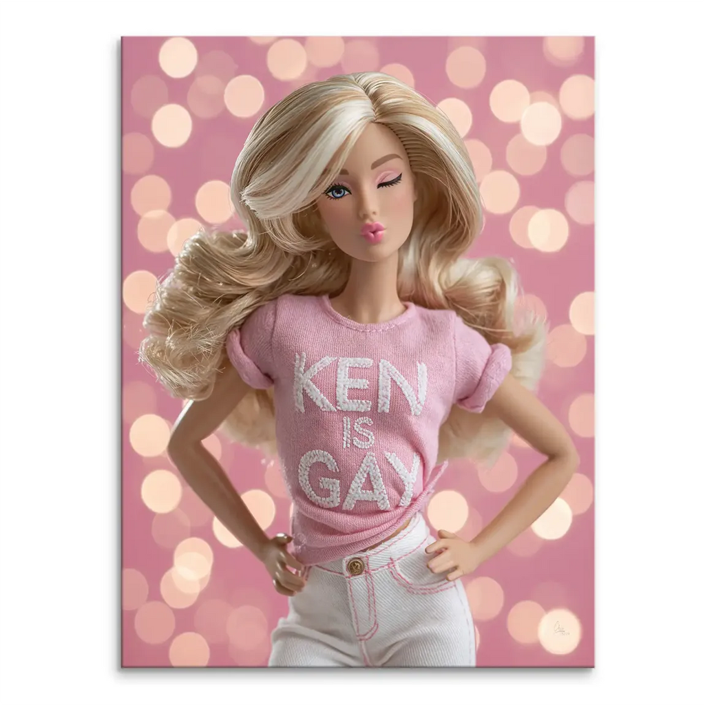 Pop Art canvas of a Barbie-style blonde doll in a pink t-shirt reading 'KEN IS GAY' with white shorts, bold colors and a bokeh background