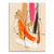 Portrait-oriented abstract canvas art titled Free Dynamics with bold orange, hot pink, earthy brown, and black brushstrokes on a warm beige background, accented by white splatters and fluid black lines