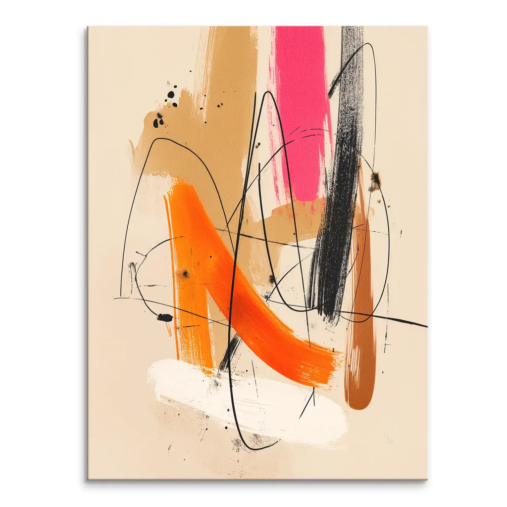 Portrait-oriented abstract canvas art titled Free Dynamics with bold orange, hot pink, earthy brown, and black brushstrokes on a warm beige background, accented by white splatters and fluid black lines